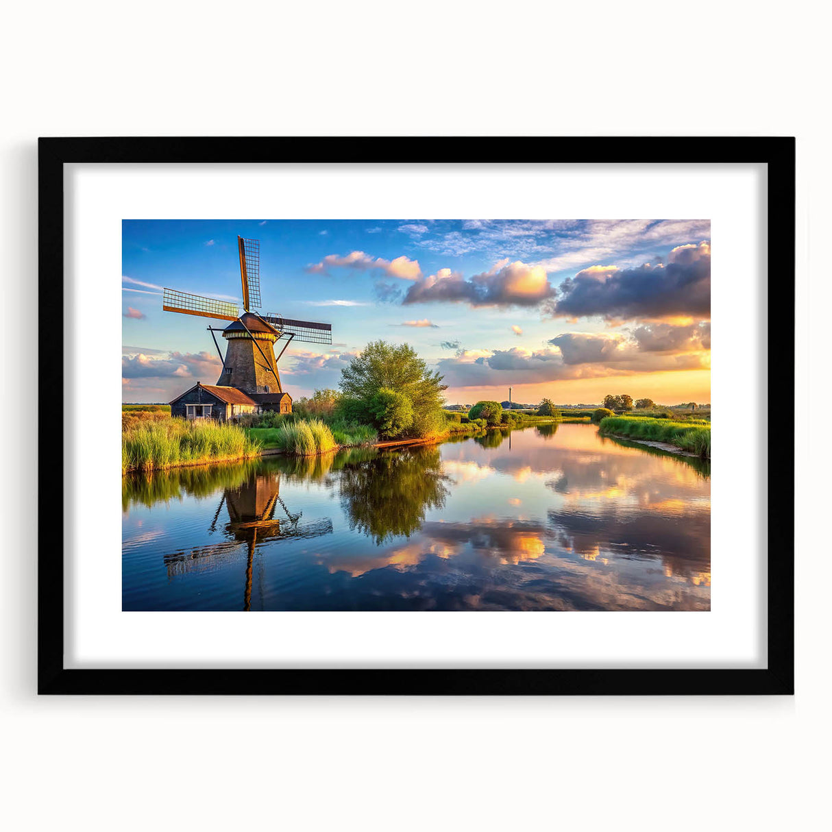 Framed wall art featuring a serene landscape with windmills, set in a sleek black frame with a mat, ideal for home decor and enhancing interior aesthetics.
