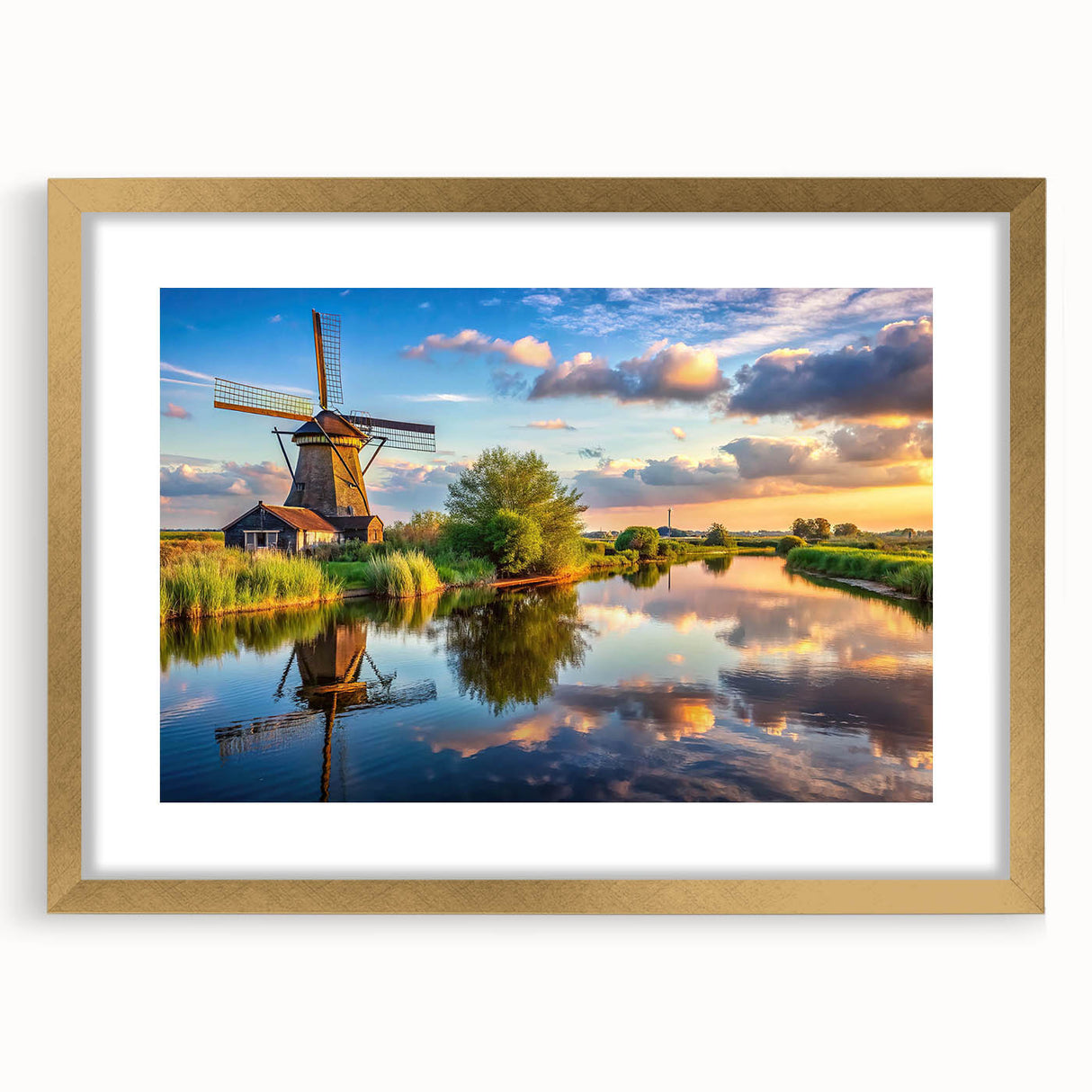 Framed landscape wall art featuring windmills in a serene countryside setting, highlighted by a gold mat, ideal for enhancing home decor with a touch of elegance.