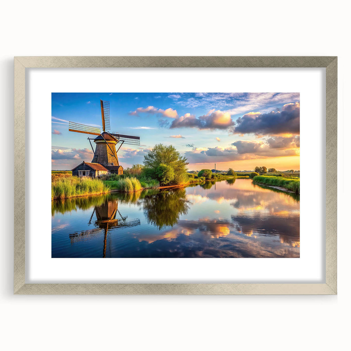 Framed wall art collection showcasing a serene landscape with windmills, presented in a silver frame with a white matting, ideal for home decor enhancement.