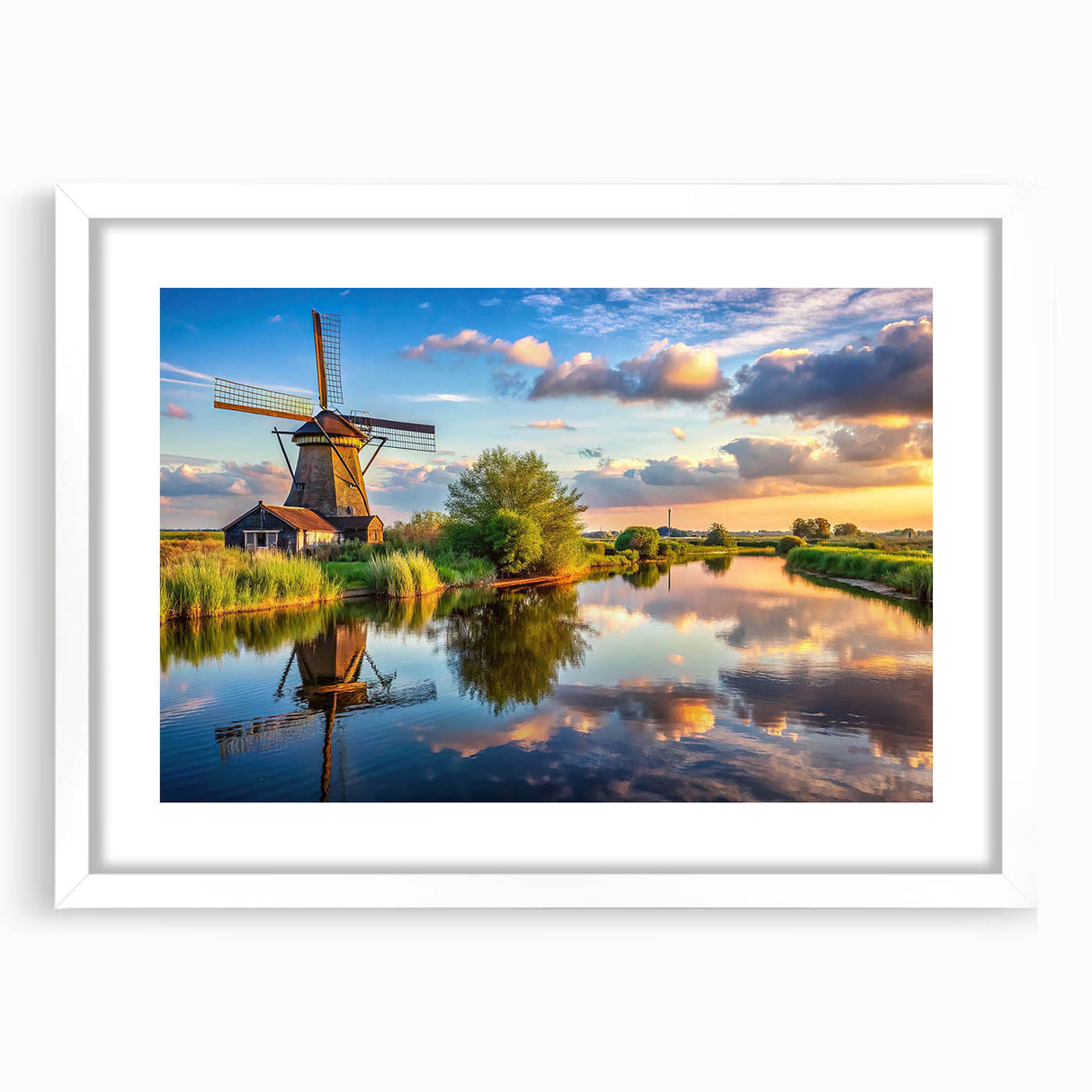 Framed wall art featuring a serene landscape with windmills, presented in a white mat, perfect for enhancing home decor and creating a calming atmosphere.