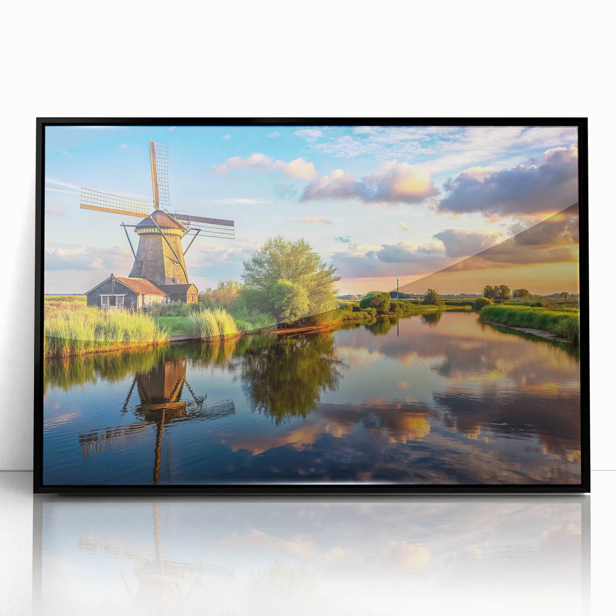 Framed acrylic wall art featuring a picturesque landscape with windmills, showcasing vibrant colors and intricate details, ideal for enhancing home decor.