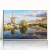 Framed acrylic wall art showcasing a vibrant landscape design featuring windmills, presented from a front view against a white background, ideal for home decor.