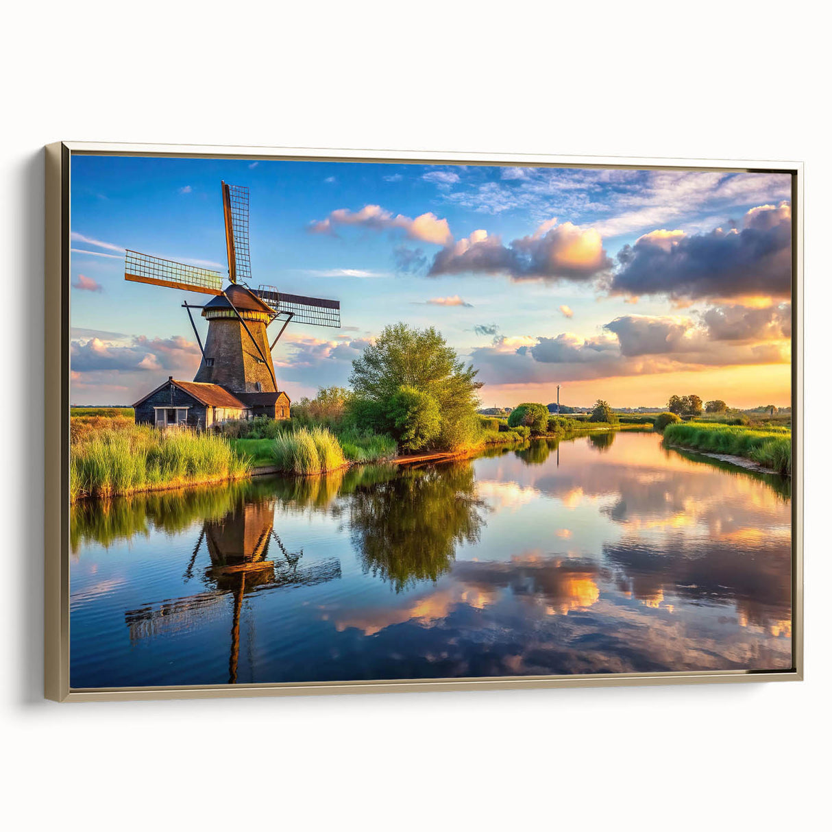 Framed canvas wall art depicting a serene landscape with windmills against a sunset backdrop, featuring gold accents and a stylish side view display.
