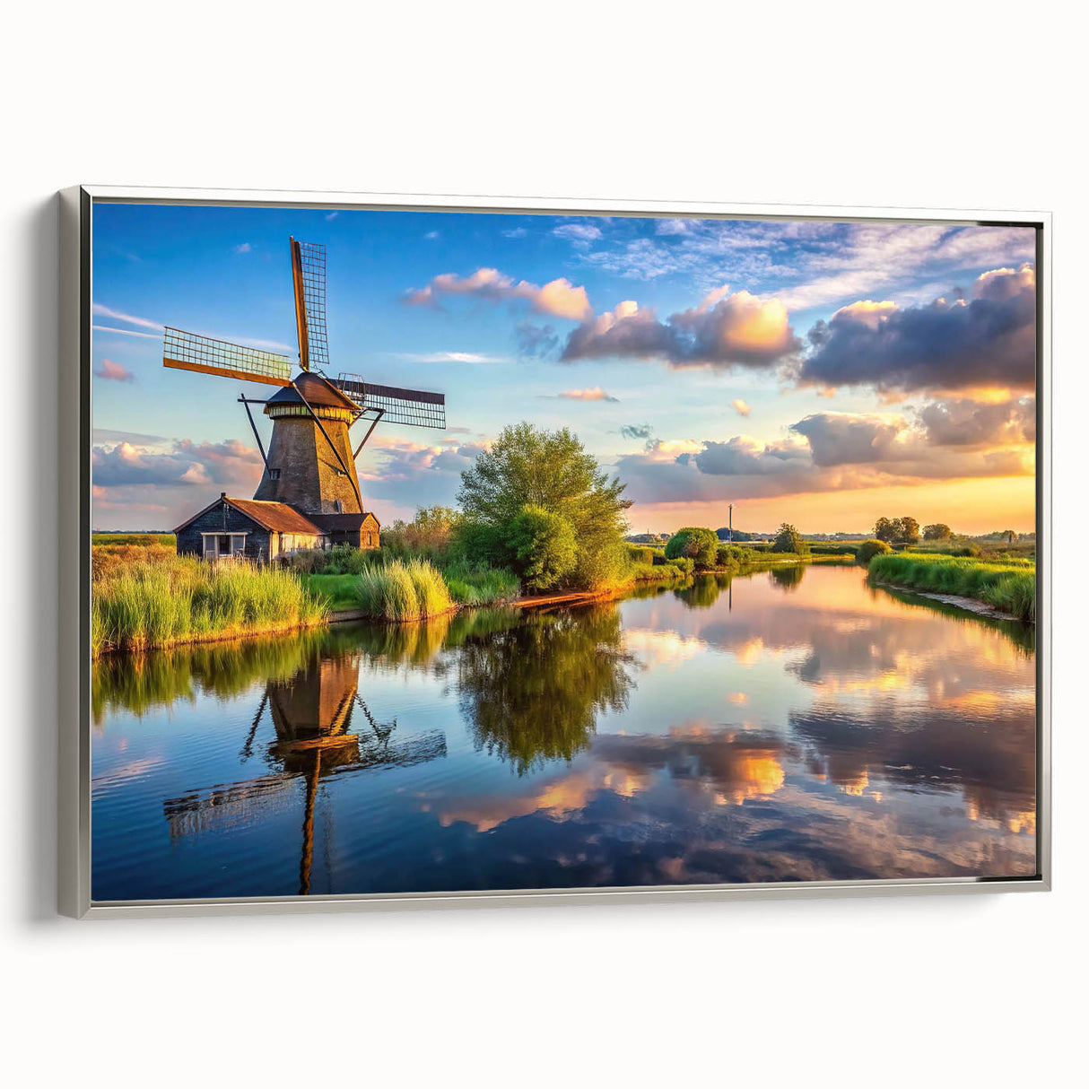 Framed canvas wall art featuring a serene landscape with windmills, showcasing silver accents and a side view design, perfect for modern home decor. The tranquil scene evokes a sense of calm and is ideal for enhancing interior aesthetics.