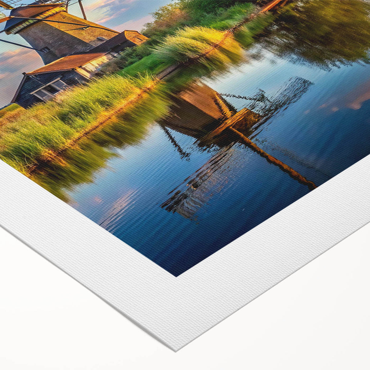 Colorful rolled canvas artwork showcasing a serene landscape with windmills against a vibrant sunset, designed for wall decor enthusiasts, emphasizing tranquility and nature.