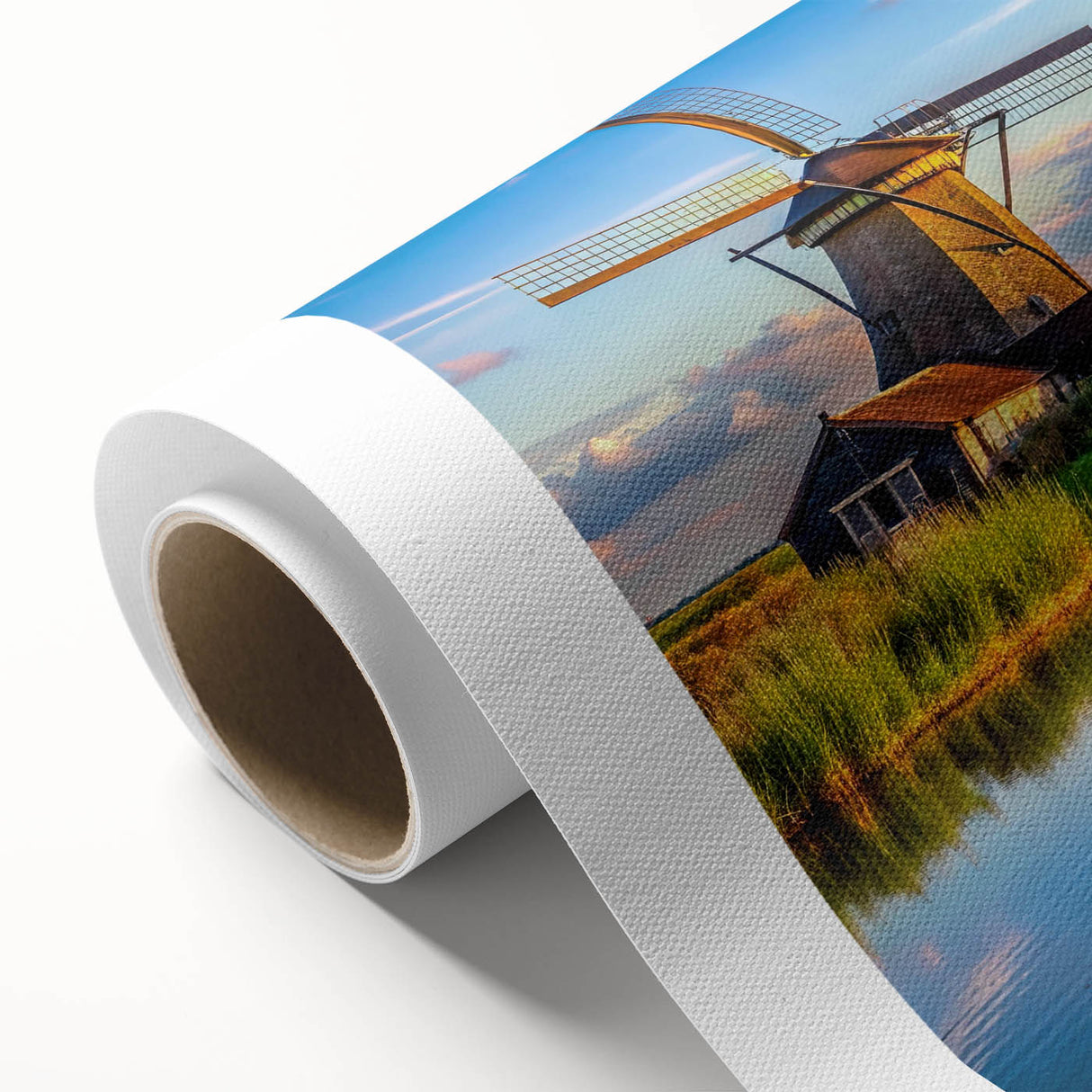 Rolled canvas artwork showcasing a vibrant landscape with windmills under a clear blue sky, perfect for enhancing home decor with a touch of nature.