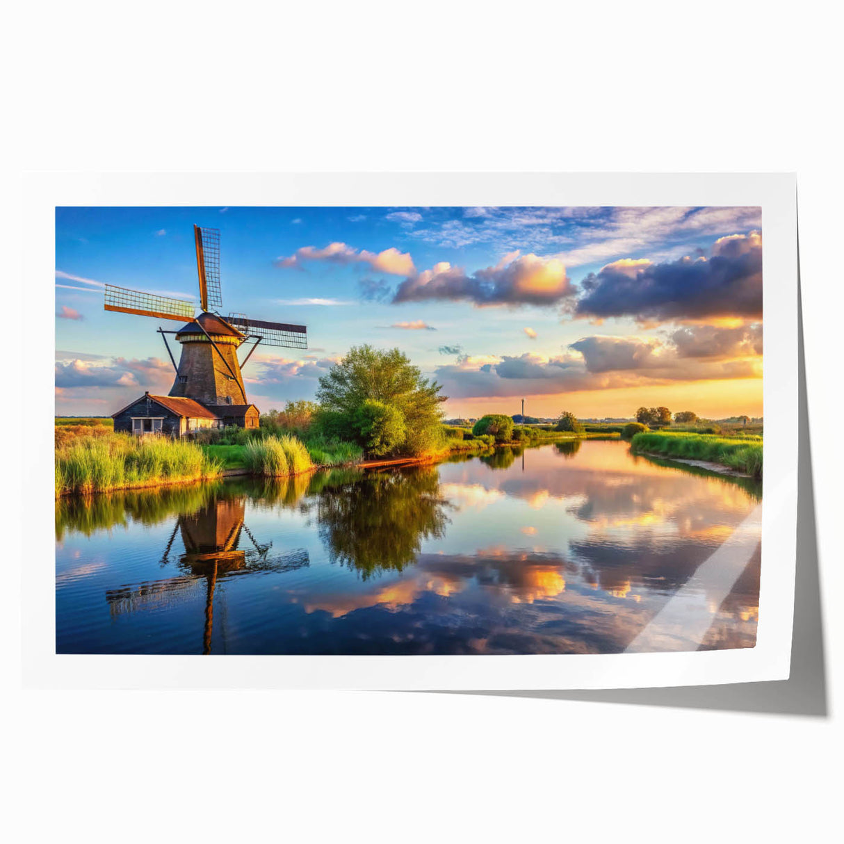 Landscape wall art print showcasing a serene windmill scene in a vibrant sunset, ideal for home decor. Rolled design for easy framing and display.
