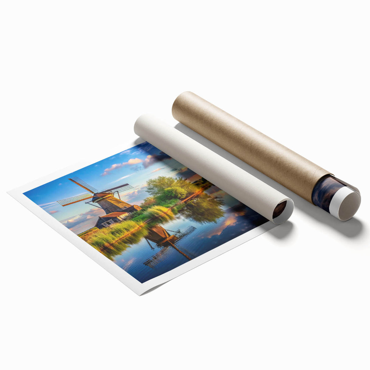 Rolled print of a serene landscape featuring windmills against a sunset backdrop, showcasing vibrant colors and intricate details, perfect for home decor.