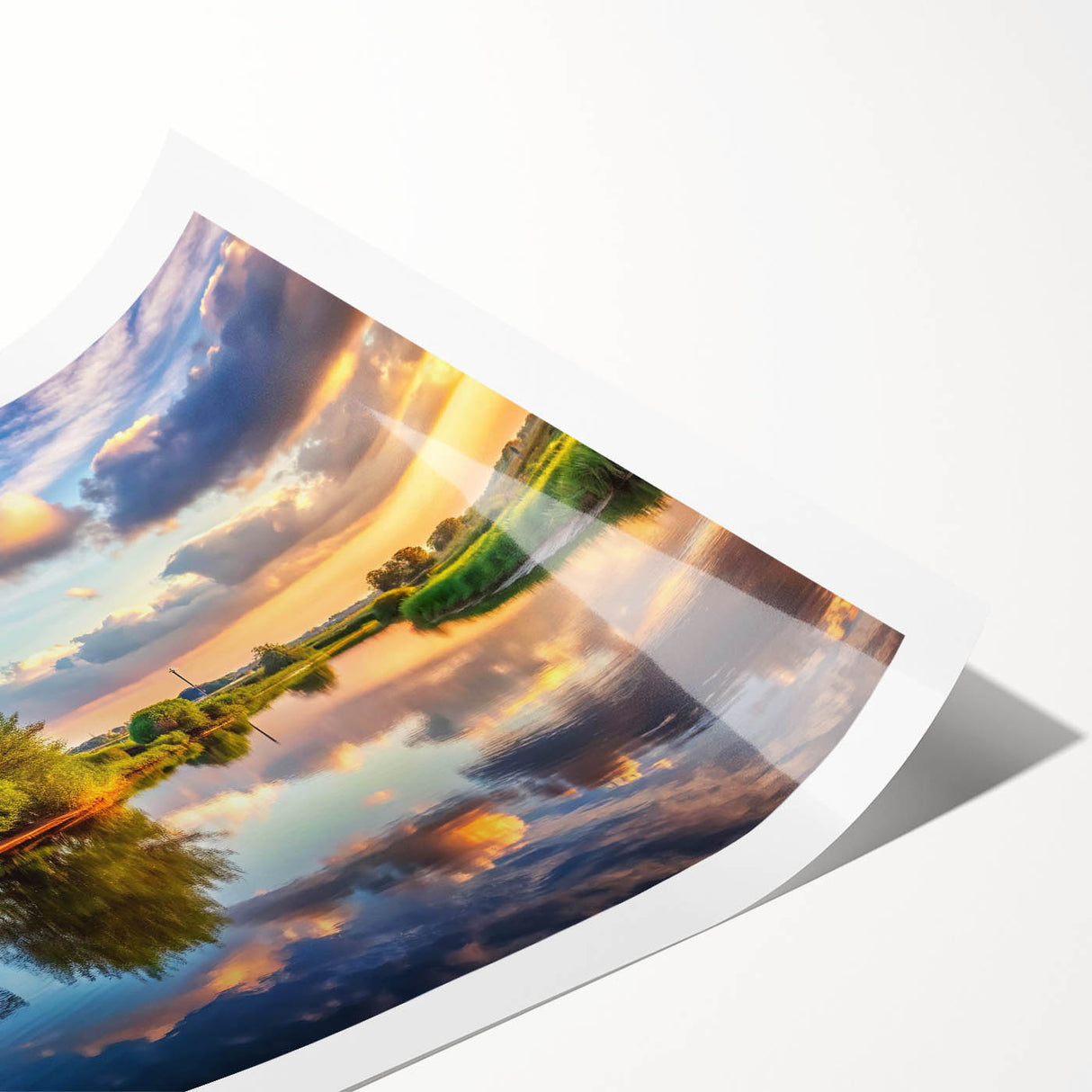 Colorful landscape wall art print showcasing a serene windmill scene against a sunset backdrop, rolled for easy shipping and display. Perfect for home decor enthusiasts.
