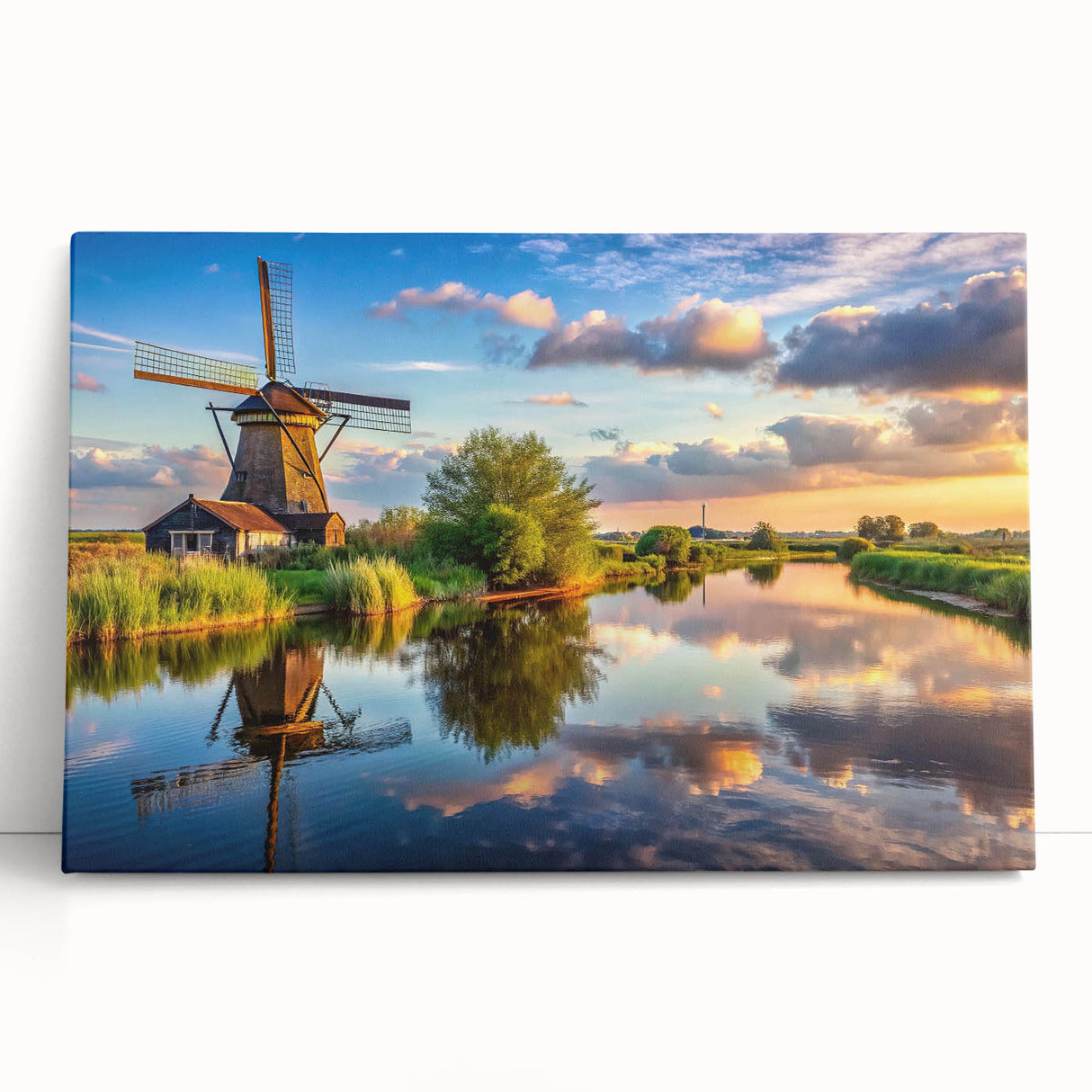 Stretched canvas wall art depicting a serene landscape with windmills, featuring soft pastel colors and a peaceful ambiance, perfect for home decor.