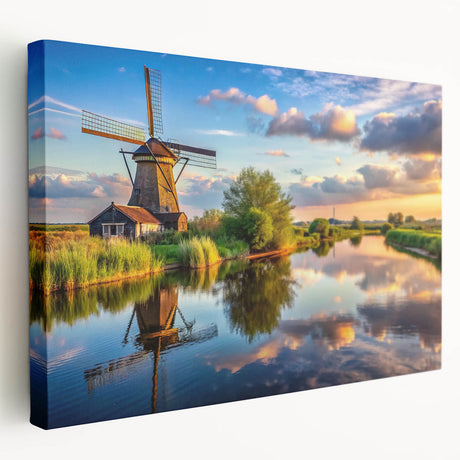 Stretched canvas artwork showcasing a vibrant landscape with windmills, featuring dynamic colors and intricate details, ideal for home decor or office aesthetics.