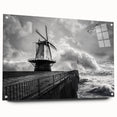 Acrylic glass wall art featuring a serene landscape with windmills, showcasing vibrant colors and intricate details, presented in a side view with pins for easy display.