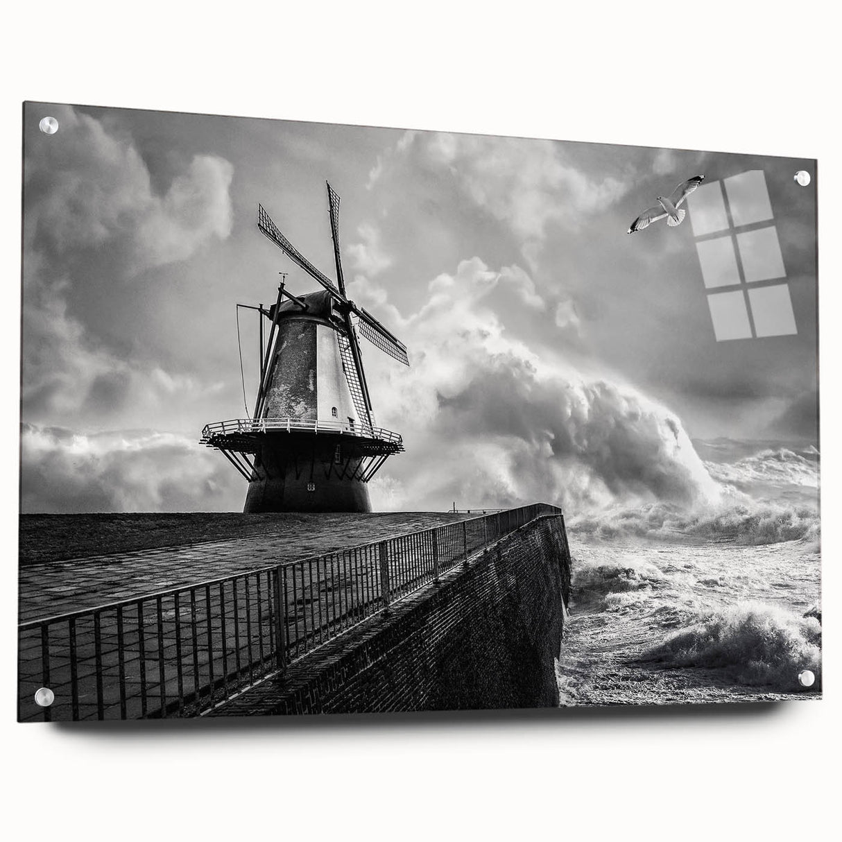 Acrylic glass wall art featuring a serene landscape with windmills, showcasing vibrant colors and intricate details, presented in a side view with pins for easy display.