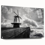 Acrylic glass wall art featuring a serene landscape with windmills, showcasing vibrant colors and intricate details, presented in a side view with pins for easy display.
