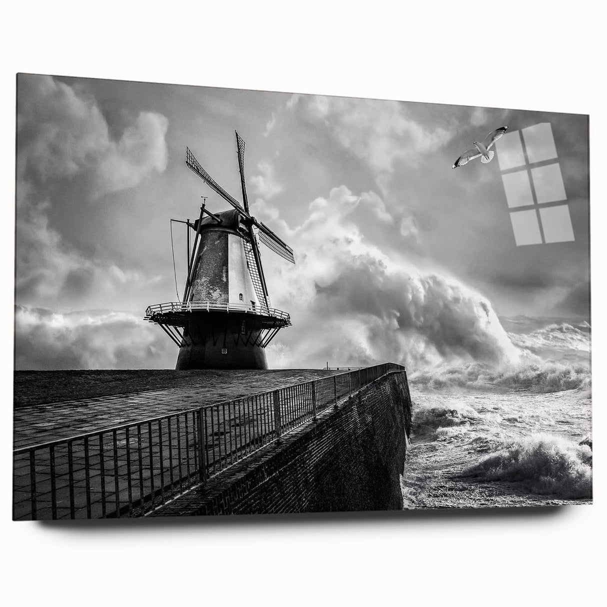 Acrylic glass wall art showcasing a vibrant landscape with windmills, presented from a side view, emphasizing its sleek design and modern aesthetic. Perfect for enhancing any contemporary decor.