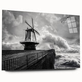 Acrylic glass wall art showcasing a vibrant landscape with windmills, presented from a side view, emphasizing its sleek design and modern aesthetic. Perfect for enhancing any contemporary decor.