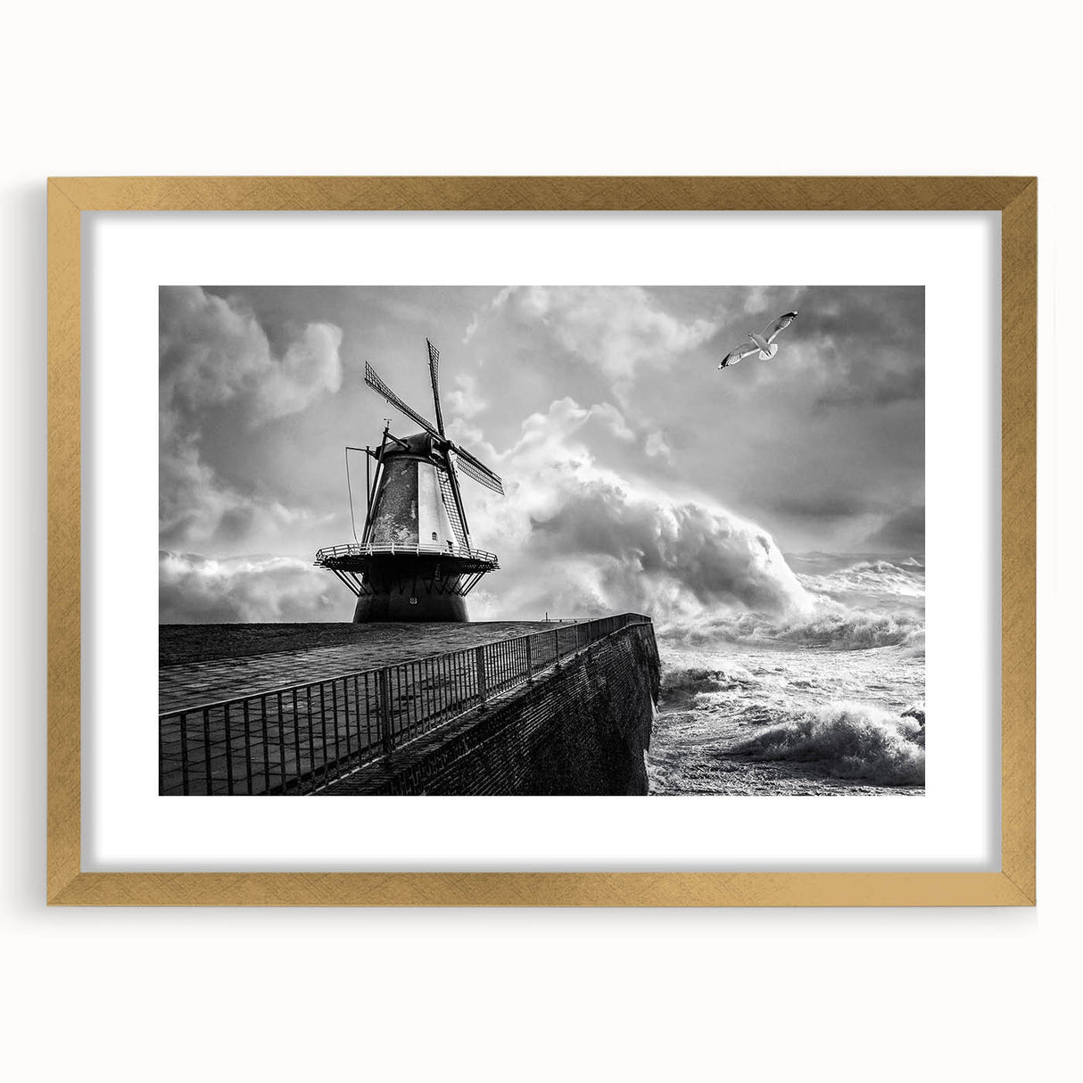 Framed wall art showcasing a serene landscape with windmills, featuring a gold mat and frame, perfect for home decor and enhancing interior aesthetics.