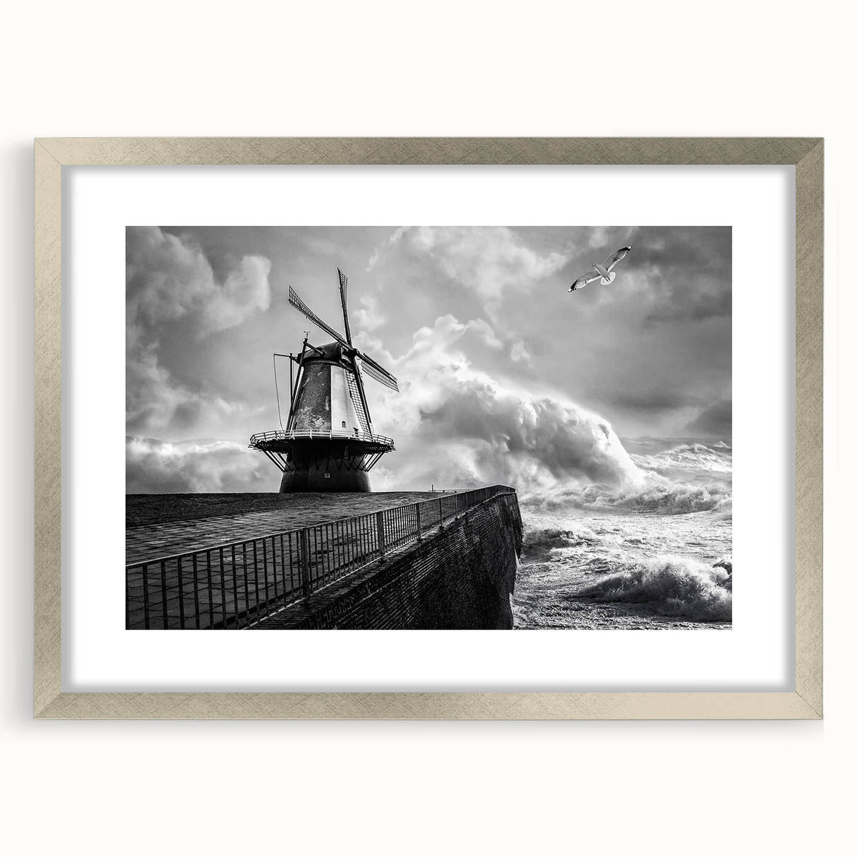 Framed wall art showcasing a serene landscape with windmills, featuring a silver mat and stylish frame, perfect for enhancing home decor aesthetics.
