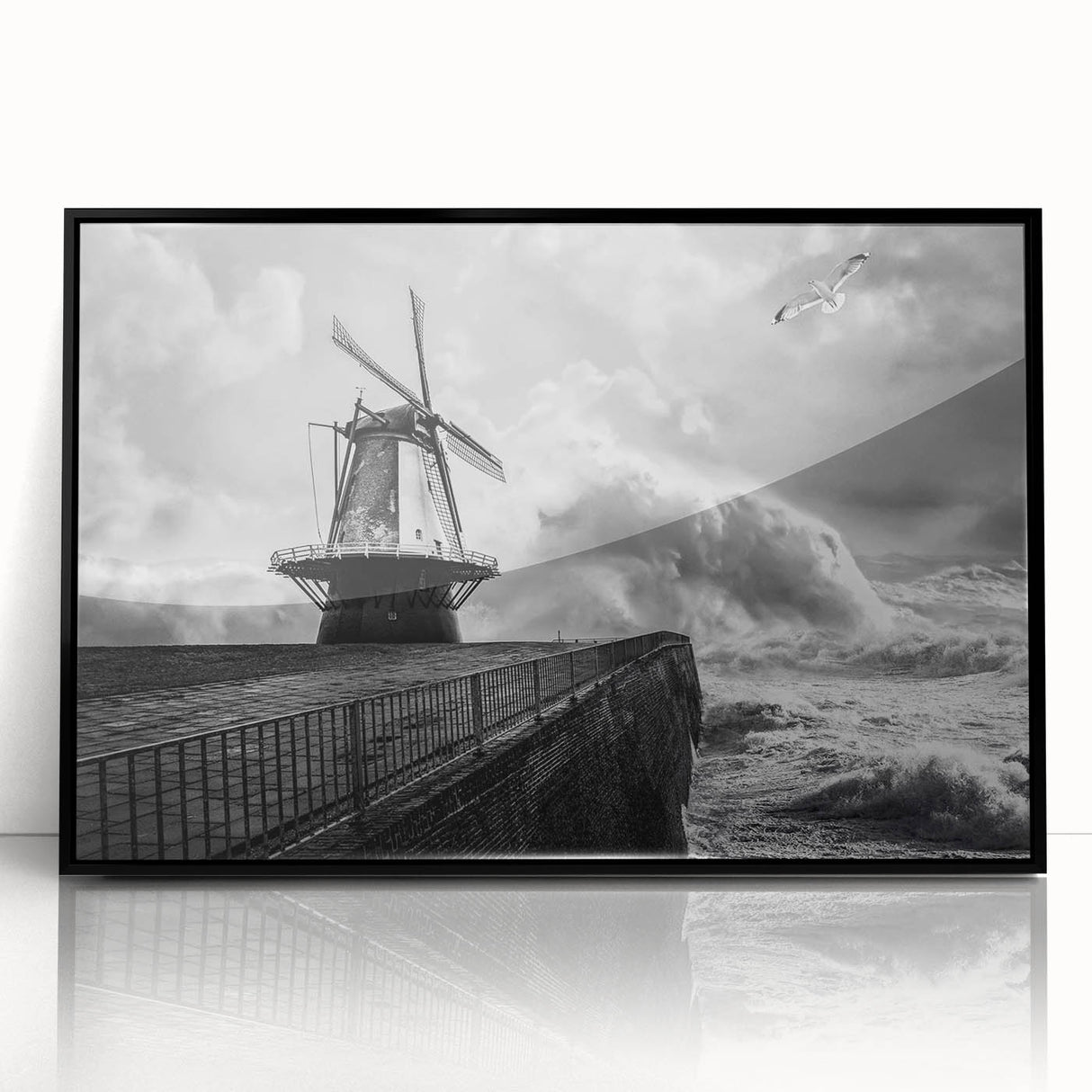Framed acrylic wall art featuring a serene landscape with windmills, set in a sleek black frame, perfect for adding a touch of elegance to any home decor.