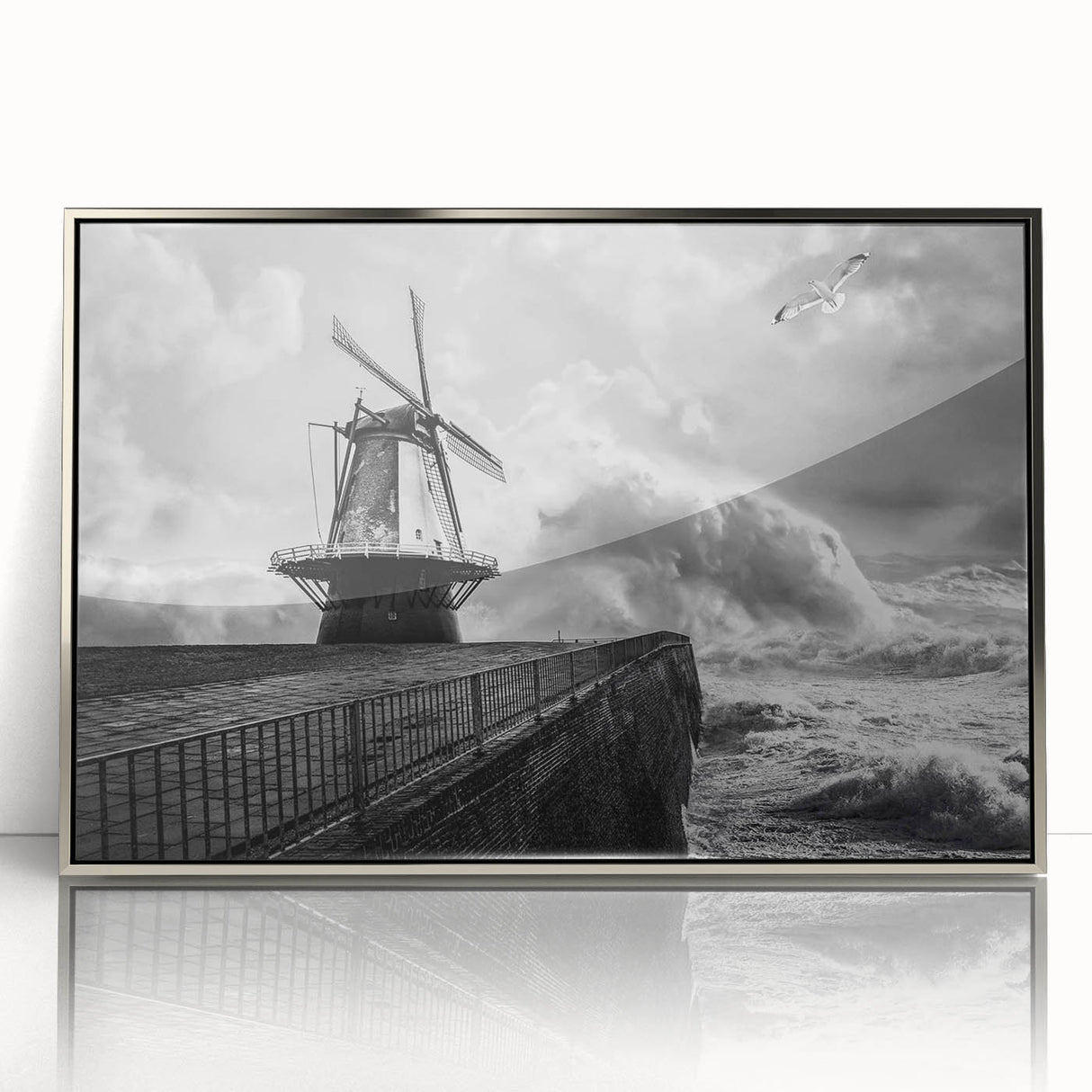 Framed acrylic wall art featuring a serene landscape with windmills, showcasing a silver frame and modern design, perfect for home or office decor.