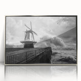 Framed acrylic wall art featuring a serene landscape with windmills, showcasing a silver frame and modern design, perfect for home or office decor.