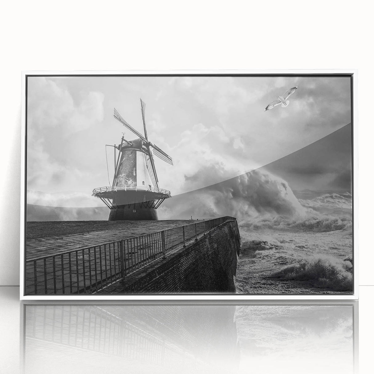 Framed wall art showcasing a serene landscape with windmills, featuring vibrant colors and a sleek white frame, perfect for enhancing any modern decor.