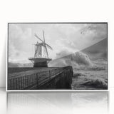 Framed wall art showcasing a serene landscape with windmills, featuring vibrant colors and a sleek white frame, perfect for enhancing any modern decor.