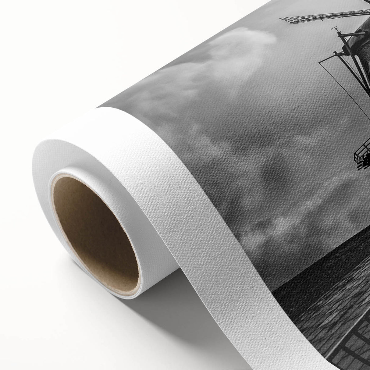Colorful rolled canvas wall art featuring a serene landscape with windmills under a clear blue sky, perfect for home decor and adding a tranquil touch to any room.