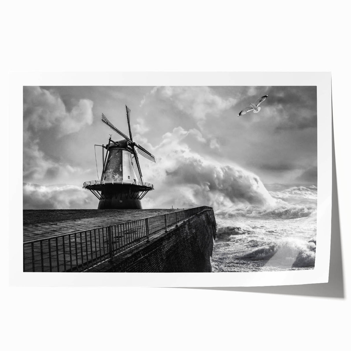 Rolled print showcasing a vibrant landscape with windmills against a sunset backdrop, perfect for home decor and wall art enthusiasts. Ideal for adding a serene touch to living spaces.