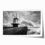 Rolled print showcasing a vibrant landscape with windmills against a sunset backdrop, perfect for home decor and wall art enthusiasts. Ideal for adding a serene touch to living spaces.