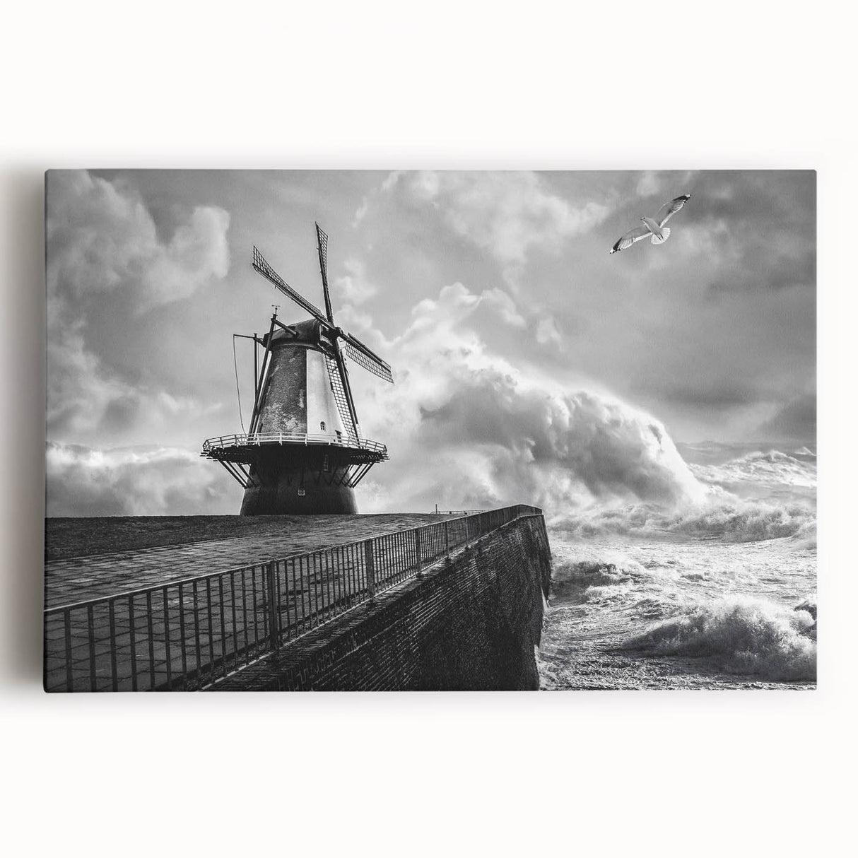 Stretched canvas wall art showcasing a vibrant landscape featuring windmills against a blue sky, perfect for enhancing home decor with a serene countryside vibe.
