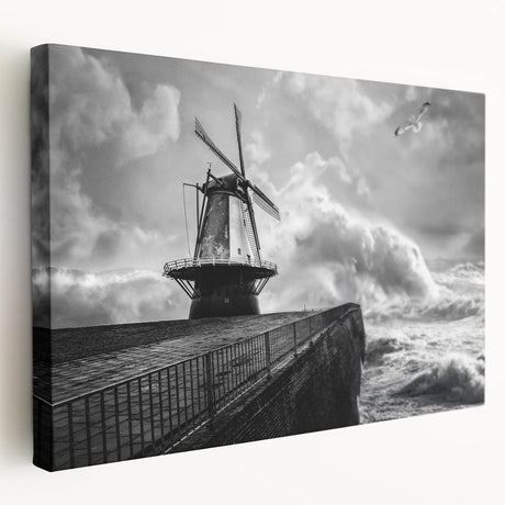 Stretched canvas wall art showcasing a picturesque landscape with windmills, featuring vibrant colors and intricate details, perfect for home decor.