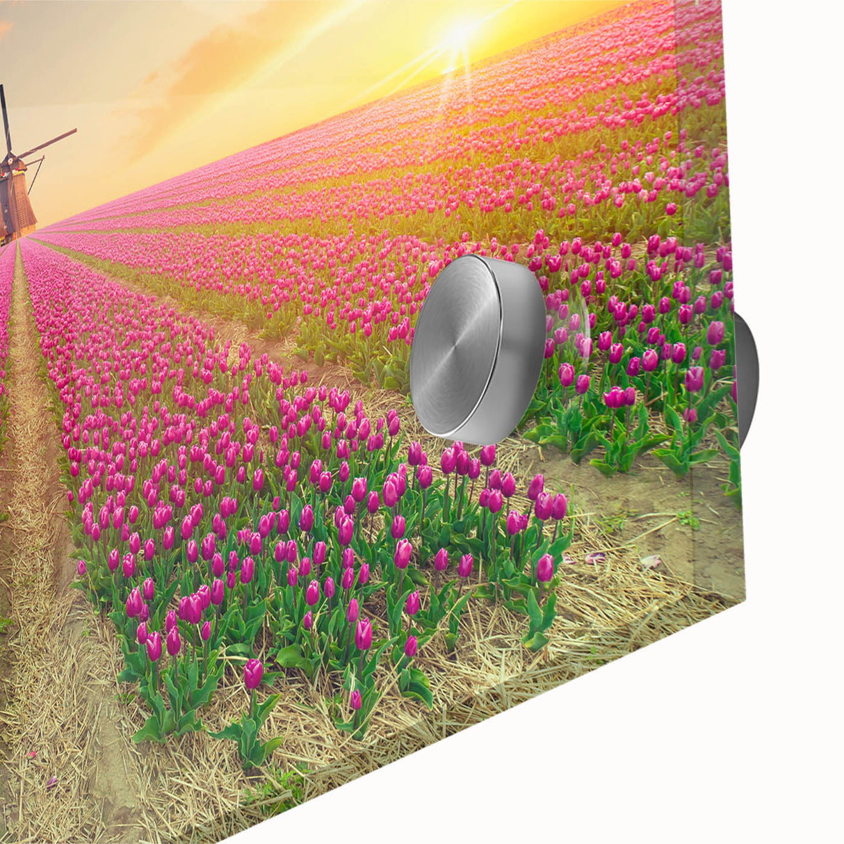 Close-up of a vibrant landscape wall art piece featuring windmills and rolling hills, printed on acrylic glass, perfect for modern home decor.