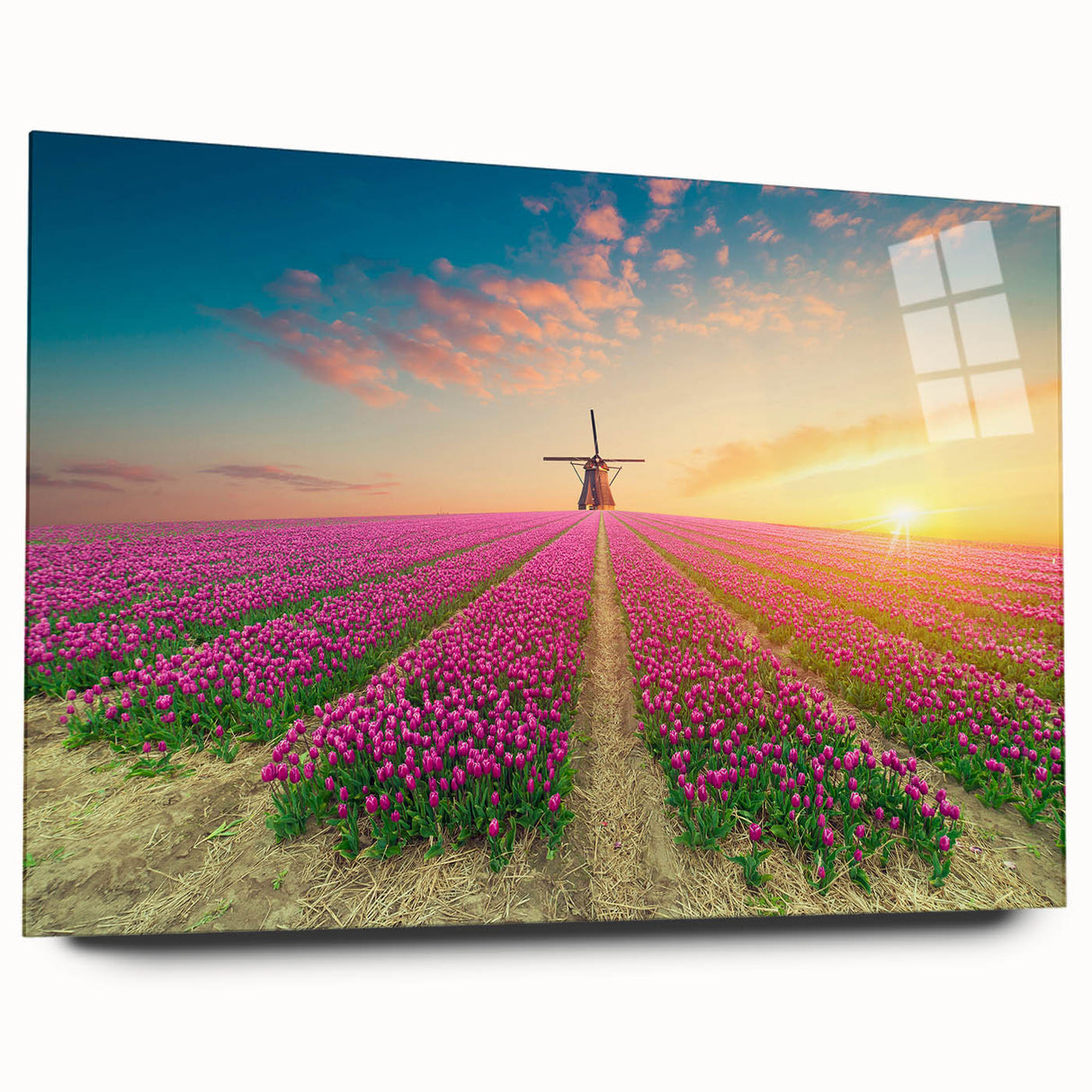 Acrylic wall art collection featuring a stunning side view of a landscape with windmills, showcasing vibrant colors and intricate details, perfect for modern home decor.