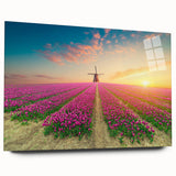 Acrylic wall art collection featuring a stunning side view of a landscape with windmills, showcasing vibrant colors and intricate details, perfect for modern home decor.