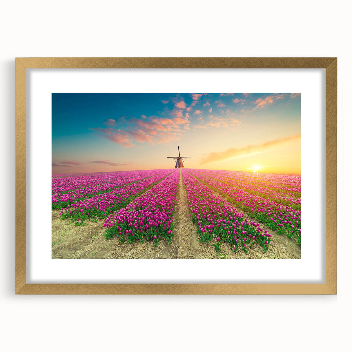 Gold-framed wall art featuring a serene landscape with windmills, elegantly designed with a mat, perfect for enhancing home decor and artistic aesthetics.