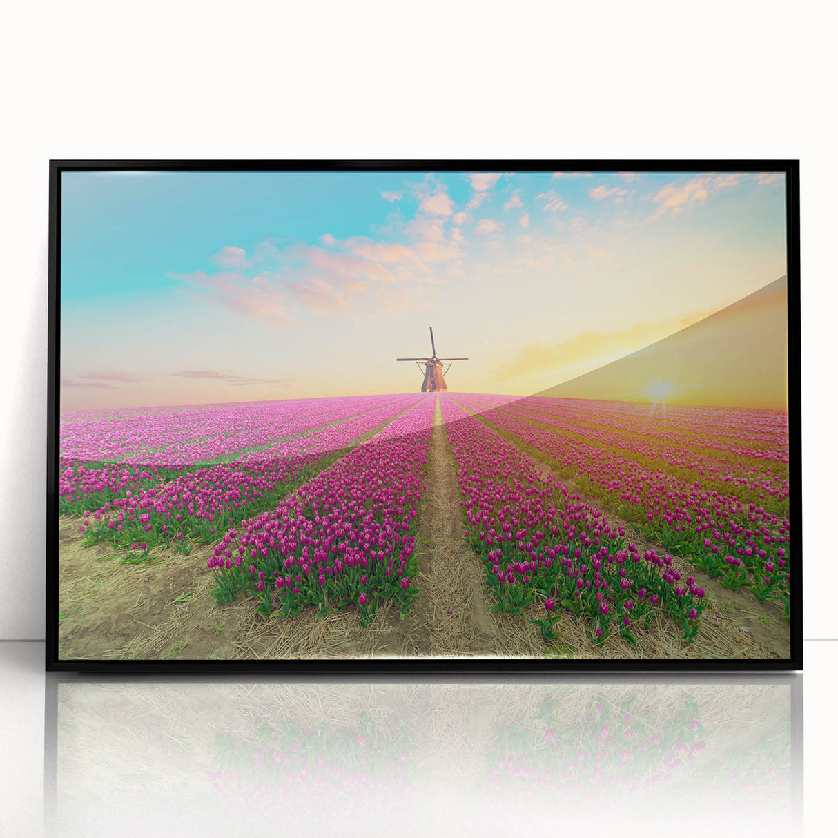 Framed wall art collection showcasing a scenic landscape with windmills, designed in a modern style with a sleek black frame, perfect for home decor.