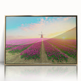 Framed acrylic wall art showcasing a serene landscape with windmills, featuring a gold frame, perfect for enhancing home decor and adding a touch of elegance.