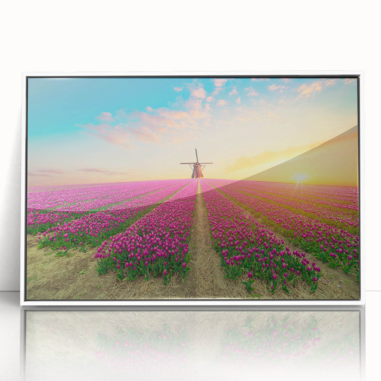 Framed acrylic wall art showcasing a colorful landscape with windmills, set against a vibrant sunset, perfect for home decor enthusiasts.