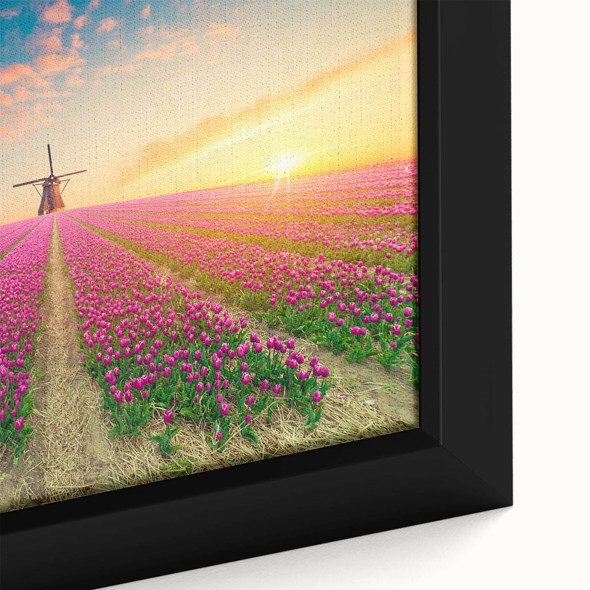 Framed canvas wall art featuring a vibrant landscape design with windmills, showcasing rich colors and intricate details, ideal for home décor.