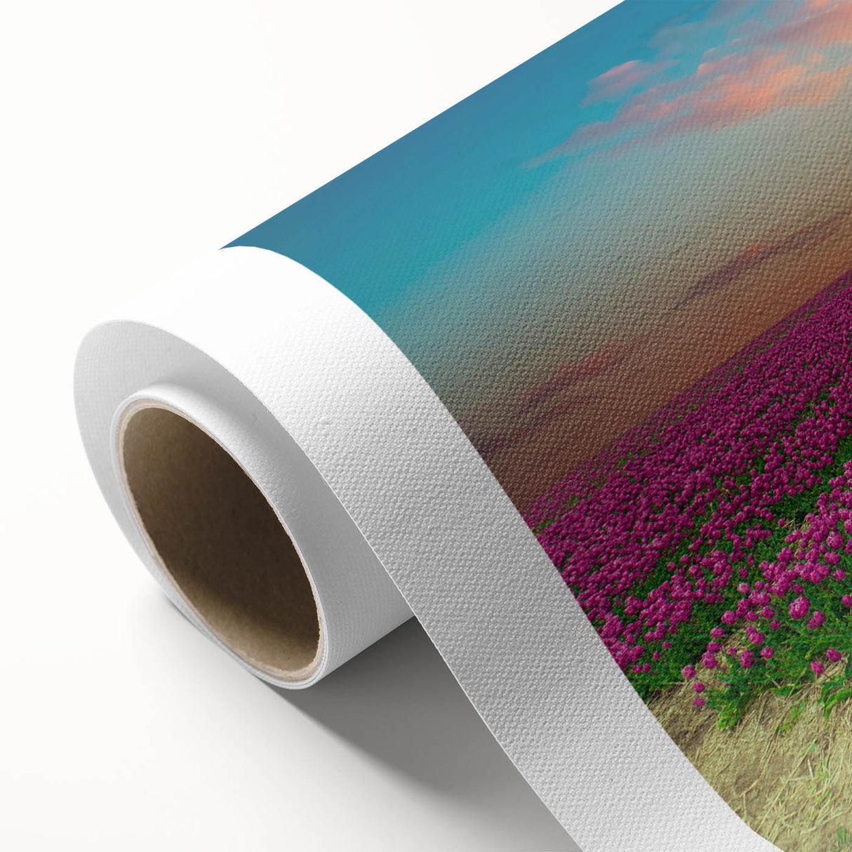 Rolled canvas wall art featuring a vibrant landscape scene with windmills set against a colorful sunset, showcasing intricate details and rich hues, perfect for home decor.