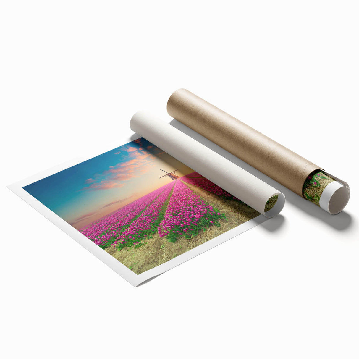 Rolled print showcasing a serene landscape with windmills against a sunset backdrop, perfect for home decor, emphasizing tranquility and nature's beauty.
