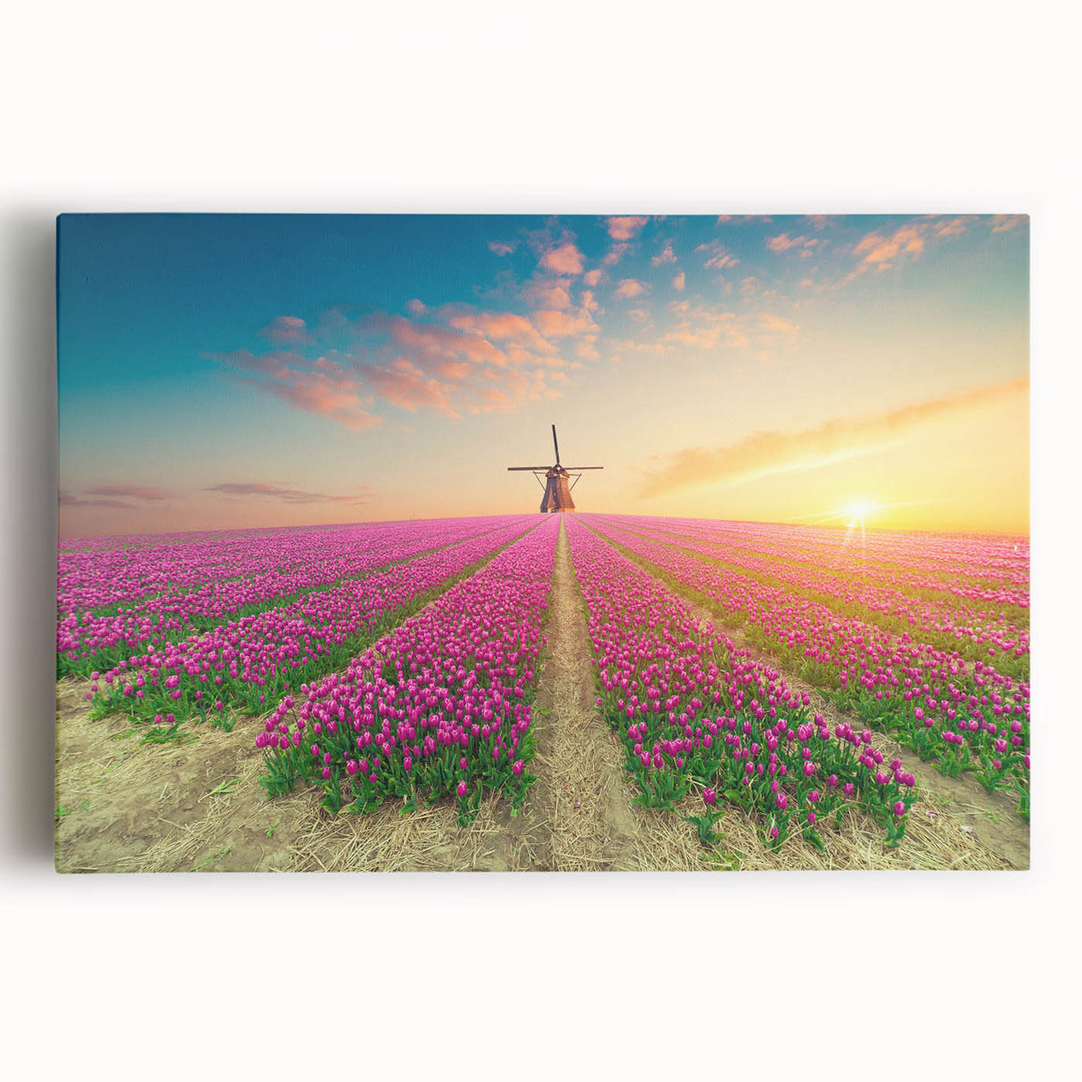 Stretched canvas wall art showcasing a serene landscape with windmills, featuring vibrant colors and detailed textures, perfect for home decor. Ideal for nature lovers and art enthusiasts seeking to enhance their living space.