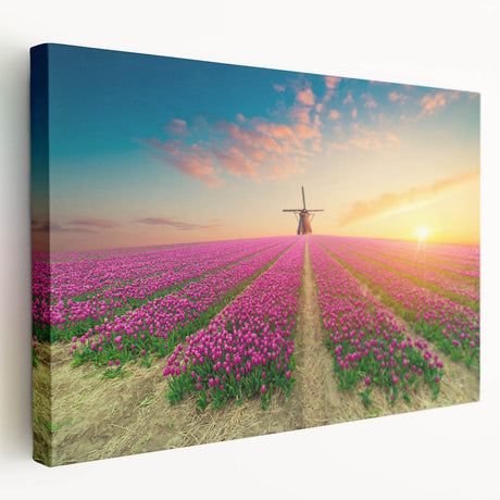 Stretched canvas wall art featuring a vibrant landscape with windmills, showcasing a serene rural setting at sunset, ideal for home decor enthusiasts.