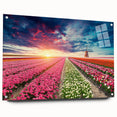Acrylic glass wall art featuring a vibrant landscape with windmills, showcasing a side view with pins for easy hanging. Ideal for modern home décor.