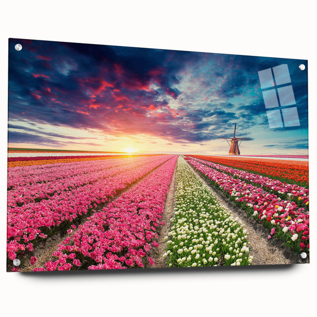 Acrylic glass wall art featuring a vibrant landscape with windmills, showcasing a side view with pins for easy hanging. Ideal for modern home décor.