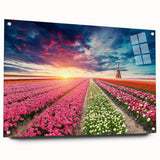Acrylic glass wall art featuring a vibrant landscape with windmills, showcasing a side view with pins for easy hanging. Ideal for modern home décor.