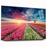 Acrylic glass wall art showcasing vibrant landscape featuring windmills, presented in a side view without pins, ideal for modern home decor.
