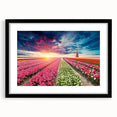 Black-framed wall art showcasing a serene landscape with windmills, featuring soft pastel colors and a sophisticated mat, ideal for modern home decor.