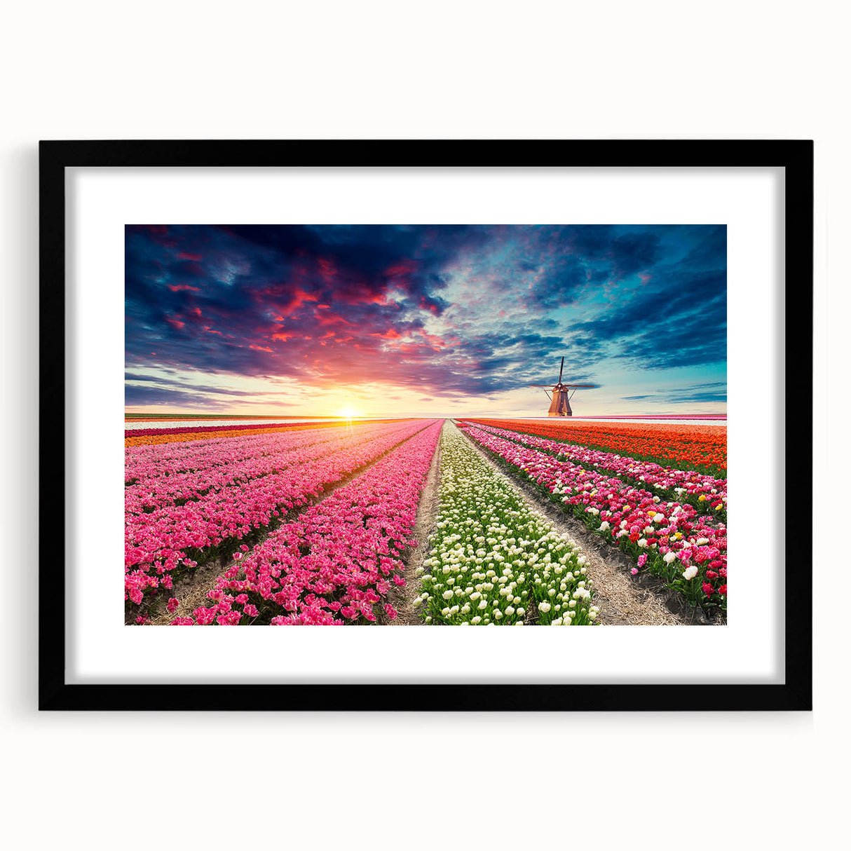 Black-framed wall art showcasing a serene landscape with windmills, featuring soft pastel colors and a sophisticated mat, ideal for modern home decor.